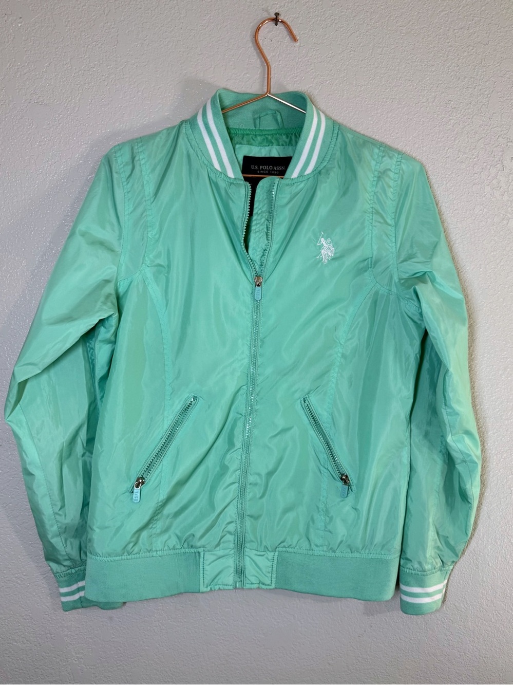 U.S. Polo Assn. Women's Mint Green Bomber Windbreaker Jacket - Size L